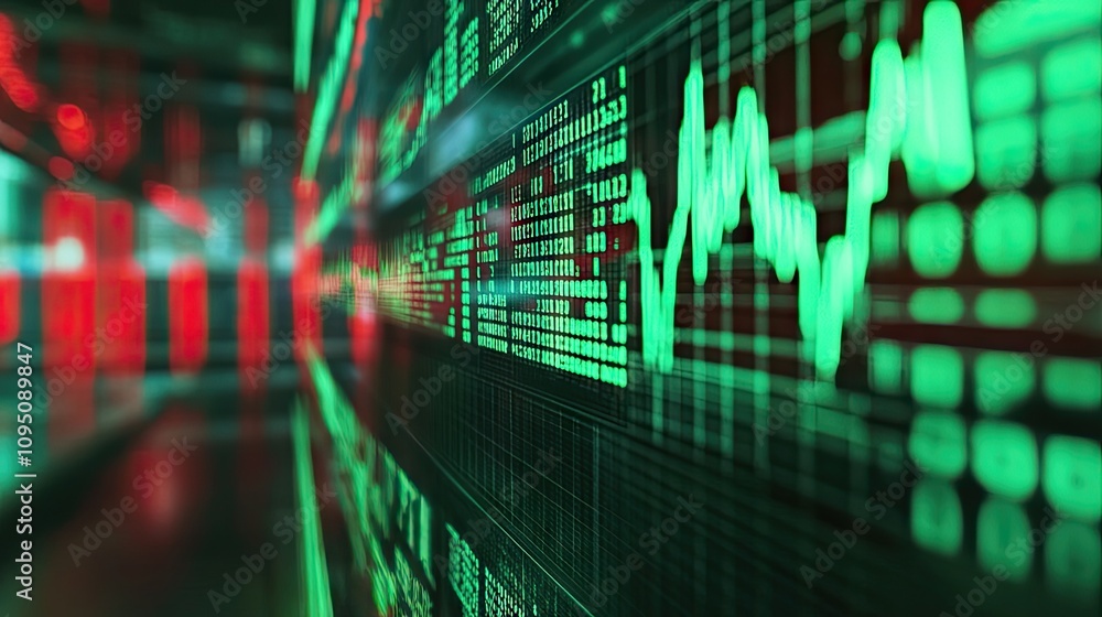 Poster abstract digital financial data visualization with green and red graphs representing market trends a