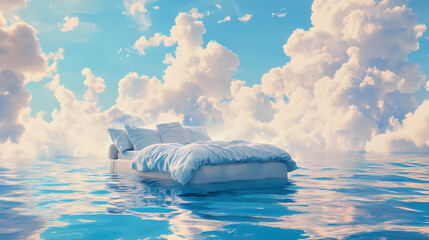 Naklejka premium A serene and dreamy scene of a plush bed floating on still ocean waters under a sky streaked with fluffy clouds. Cerulean Sky Dreams. Illustration