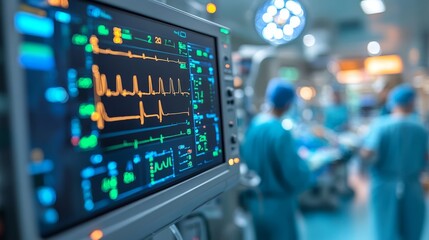 Obraz premium Surgeons focus intently on their work as monitoring equipment displays crucial vital signs in a well-equipped surgical suite