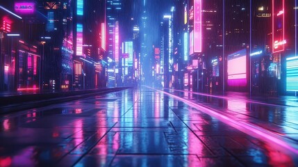 Obraz premium Neon Lights Reflecting on Wet Pavement in a Futuristic Cityscape