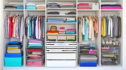 Organized closet with neatly arranged clothing and accessories for efficient storage.