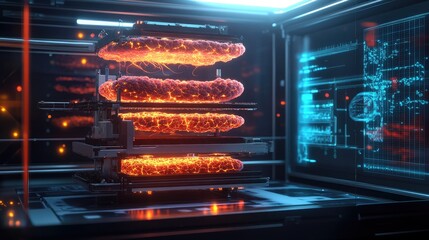 A futuristic bioprinter creating bioengineered tissues from genetically modified cells. The printer's glowing layers show the complex cellular structures being assembled.