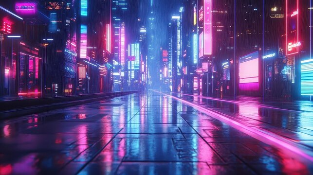 Neon Lights Reflecting on Wet Pavement in a Futuristic Cityscape