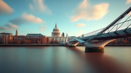 London's Millennium Bridge and St. Paul's Cathedral at Sunset
