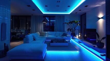 Modern living room interior design with blue led strip lighting illuminating sofa and ceiling