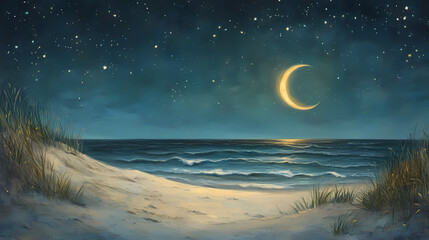 A glowing crescent moon rests on a sandy beach with sparkling stars and a serene night sky backdrop. Cerulean Sky Dreams. Illustration
