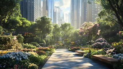 Obraz premium A Tranquil Urban Oasis with a Stone Path and Wooden Benches Surrounded by Lush Greenery and Vibrant Flowers