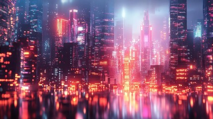 Fototapeta premium Neon Cityscape with Glowing Towers and Reflections
