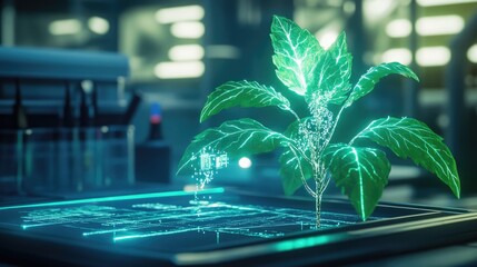 A futuristic bioengineered plant with enhanced genetic traits, glowing softly in a sterile lab. The plant's DNA is being analyzed by advanced AI systems.