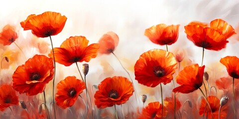 Obraz premium Vibrant red poppy flowers bloom in a serene landscape. Their delicate petals dance in the gentle breeze. A stunning nature scene perfect for art and decor. Bright colors create joy. AI