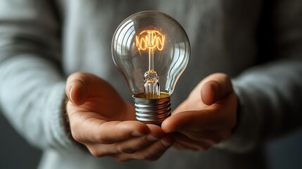Close up of a mans hand holding a light bulb icon