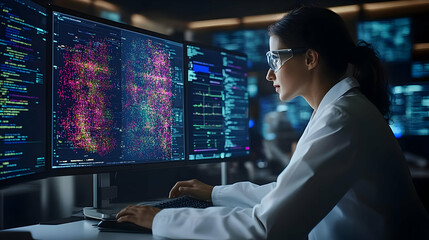 Fototapeta premium Photo Scientist Works on Data Analysis, Coding, and Programming on Computer in Lab