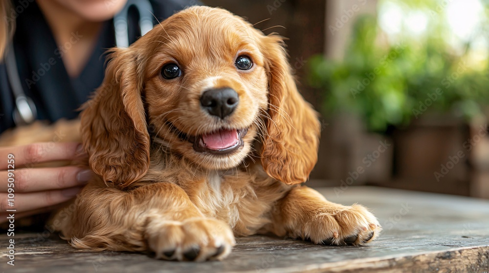 Poster veterinarian gently lifting a puppy onto the table while smiling at the owner stock photo with side 