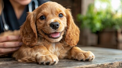 Veterinarian gently lifting a puppy onto the table while smiling at the owner Stock Photo with side copy space