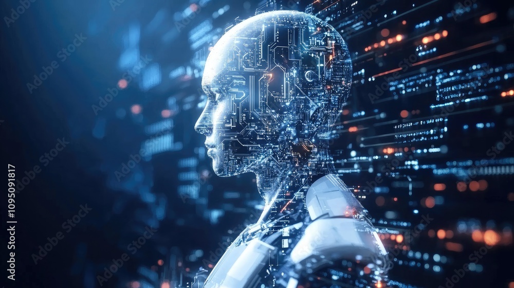 Poster futuristic humanoid robot silhouette with glowing digital circuits and data streams, representing ar