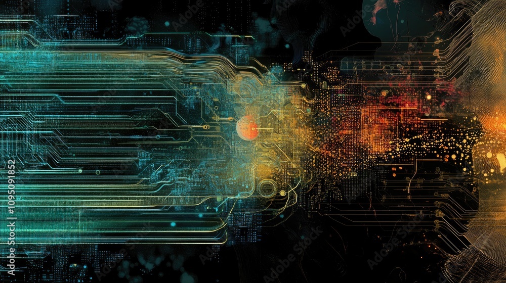 Poster abstract representation of digital technology with flowing lines and colorful particles illustrating