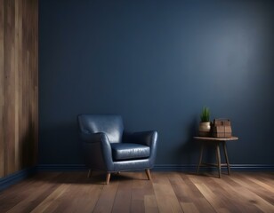 Living room with leather armchair on wood flooring and dark blue wall- 3D rendering
