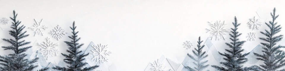 Pine tree branches and pine cones winter banner with copy space for text in white background snowy ground fir branch  covered in snow 
