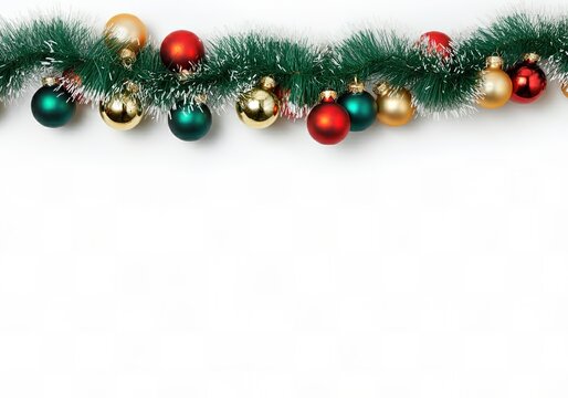 A festive garland of green tinsel with red, gold, and green Christmas ornaments is arranged across a white background, creating a cheerful holiday border. - Powered by Adobe