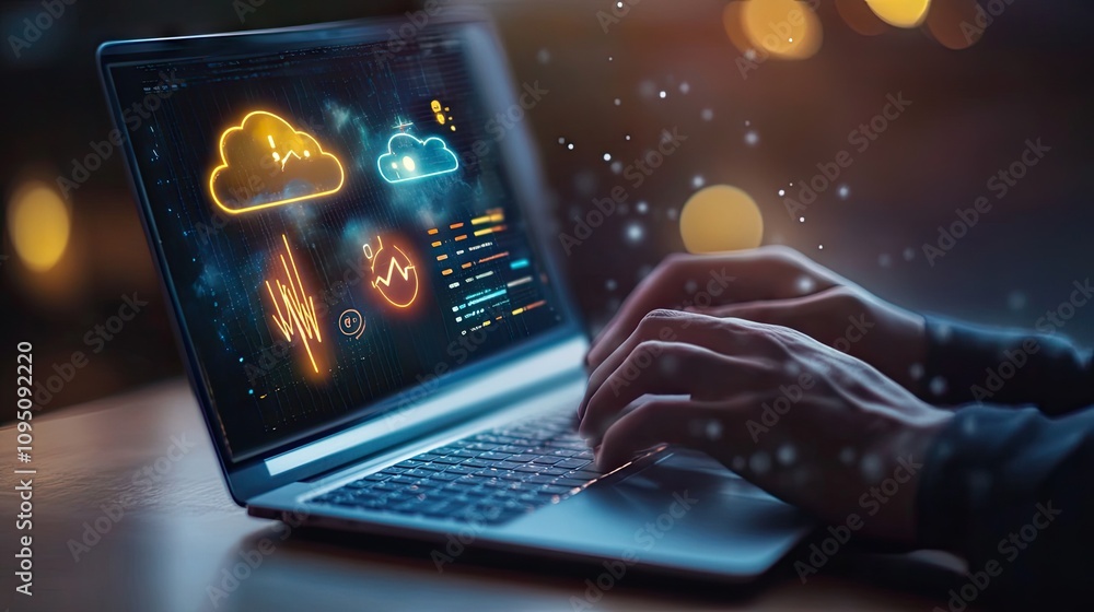 Poster hands typing on laptop while interacting with digital cloud icons and data analytics visuals in a da