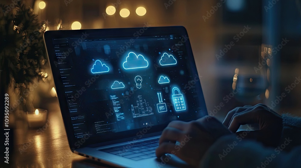 Poster modern laptop displaying cloud computing graphics with cybersecurity elements, illuminated in a cozy