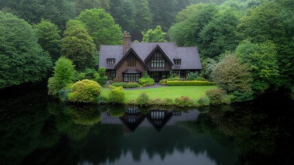 Fototapeta premium Lakeside House Reflection Luxury Home Tranquil Forest Retreat