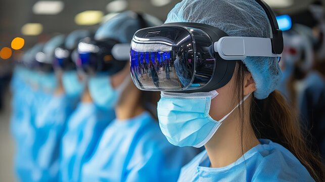 Skilled healthcare workers focus intently while utilizing virtual reality headsets for immersive training in a state-of-the-art medical environment