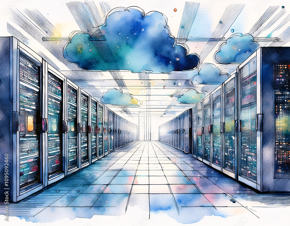 Poster row of servers extending into the distance under a cloudy sky