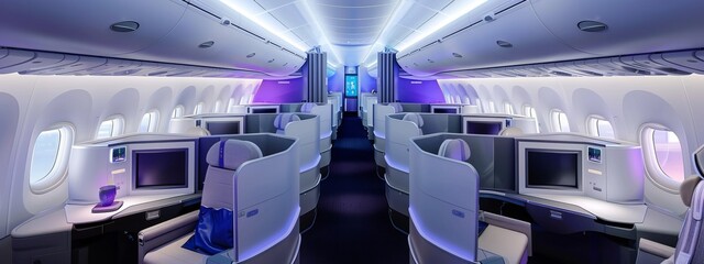 Luxurious business class cabin with modern amenities and ambient lighting.