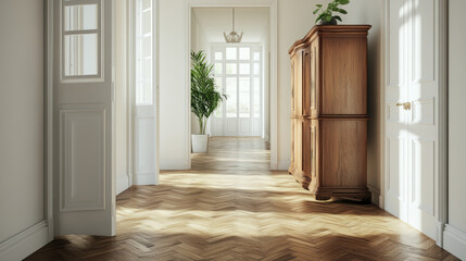 "A welcoming, bright corridor in a contemporary home, featuring white doors, a wooden herringbone parquet floor, and a vintage wooden cabinet."







