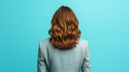 Naklejka premium Woman s Back Curly Brown Hair Blue Blazer Studio Shot