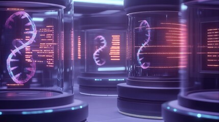 A futuristic biotechnology lab with glowing DNA strands floating inside advanced containment units, representing genetic engineering breakthroughs. 