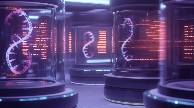 A futuristic biotechnology lab with glowing DNA strands floating inside advanced containment units, representing genetic engineering breakthroughs. 