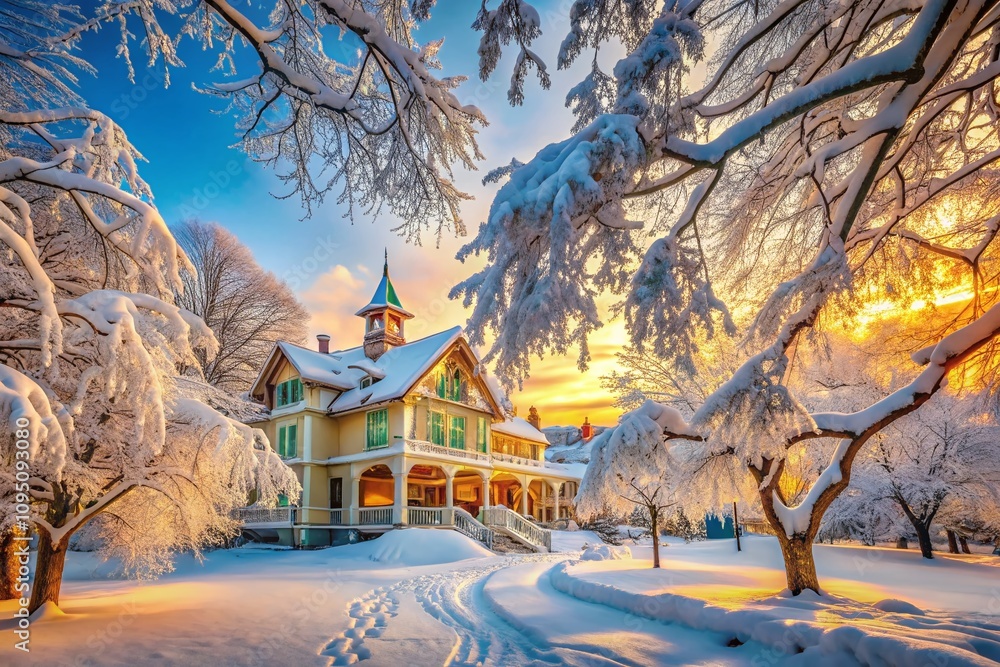 Poster snow-covered trees framing an elegant architectural structure in winter landscape, capturing nature 
