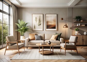 Fototapeta premium Soft and Contemporary Living Space Frame Mockup with Generative AI Design Elements for Modern Home Decor Aesthetic and Interior Photography Inspiration