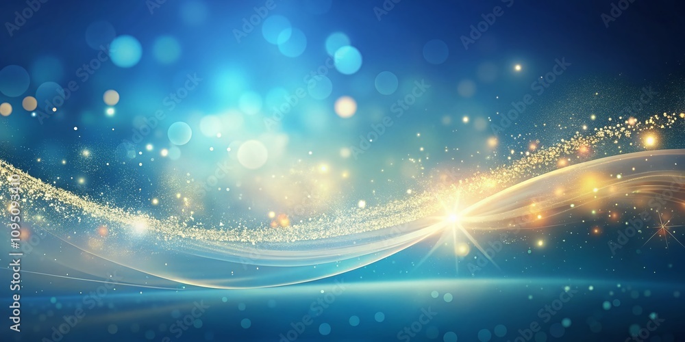 Poster soft curves with warm glow and scattered particles on a blue background for creative projects and ba