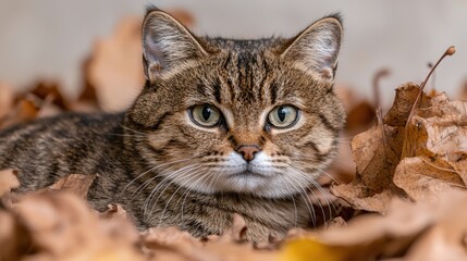 Fototapeta premium Majestic Tabby Cat Amidst Autumn Leaves Fall Season Pet