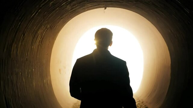 Mysterious Silhouette of a Person Standing at the End of a Dimly Lit Tunnel with Glowing Light in the Background, Evoking a Sense of Adventure and Curiosity