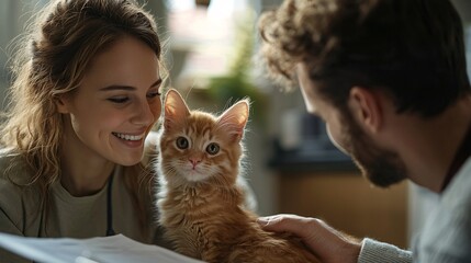 Veterinarian and a pet owner exchanging smiles as they discuss a recovery plan for a kitten Stock Photo with side copy space