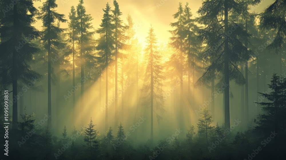 Poster a serene forest scene illuminated by golden sunlight streaming through tall trees, creating a mystic