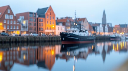 Fototapeta premium Serene Sunset Harbor Boats Buildings and Water Reflections