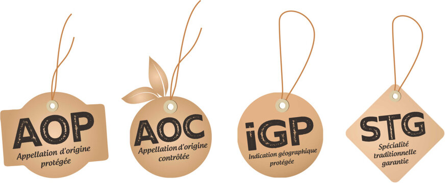 AOP, appellation d'origine prot&eacute;g&eacute;e - AOC, appellation d'origine contr&ocirc;l&eacute;e - IGP, indication g&eacute;ographique prot&eacute;g&eacute;e - STG, sp&eacute;cialit&eacute; traditionnnelle garantie