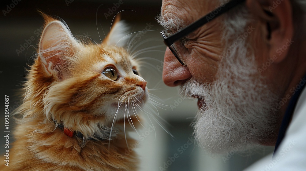 Poster veterinarian seated beside a pet owner both smiling at a playful kitten recovering well stock photo 
