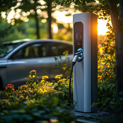 3D Electric Car Charging Station Sunset Nature