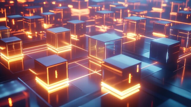 A futuristic blockchain data center with rows of glowing cubes representing decentralized data storage. Bright data streams connect the cubes.