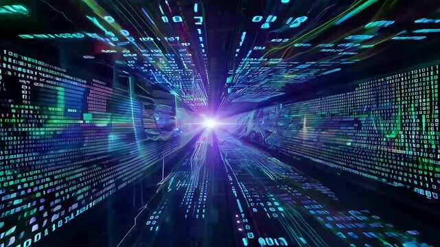 Abstract representation of a digital tunnel filled with flowing data, binary code, and vibrant colors, suggesting concepts of technology, innovation, and information transfer.