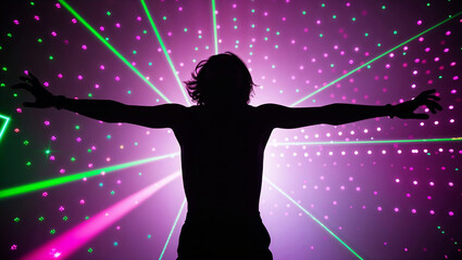 Silhouette with outstretched arms amid bright laser light display.