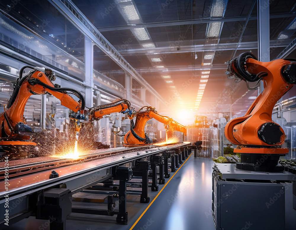 Poster industrial robots with glowing orange arms perform precise welding tasks in a futuristic factory