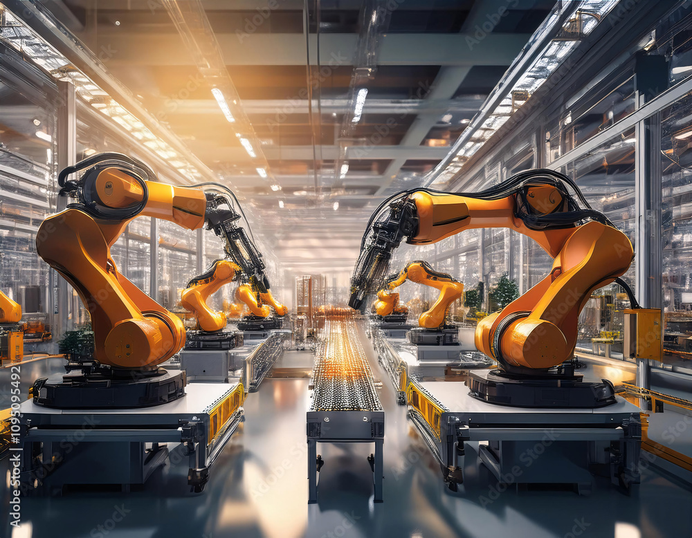Poster industrial robots working on a production line in a factory