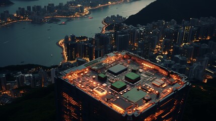 Futuristic digital circuit board overlay on urban landscape during sunset sky glow